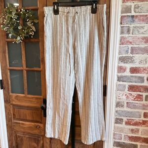 For Cynthia Pants Women Beige Striped Linen Blend Elastic Waist Lightweight PXL